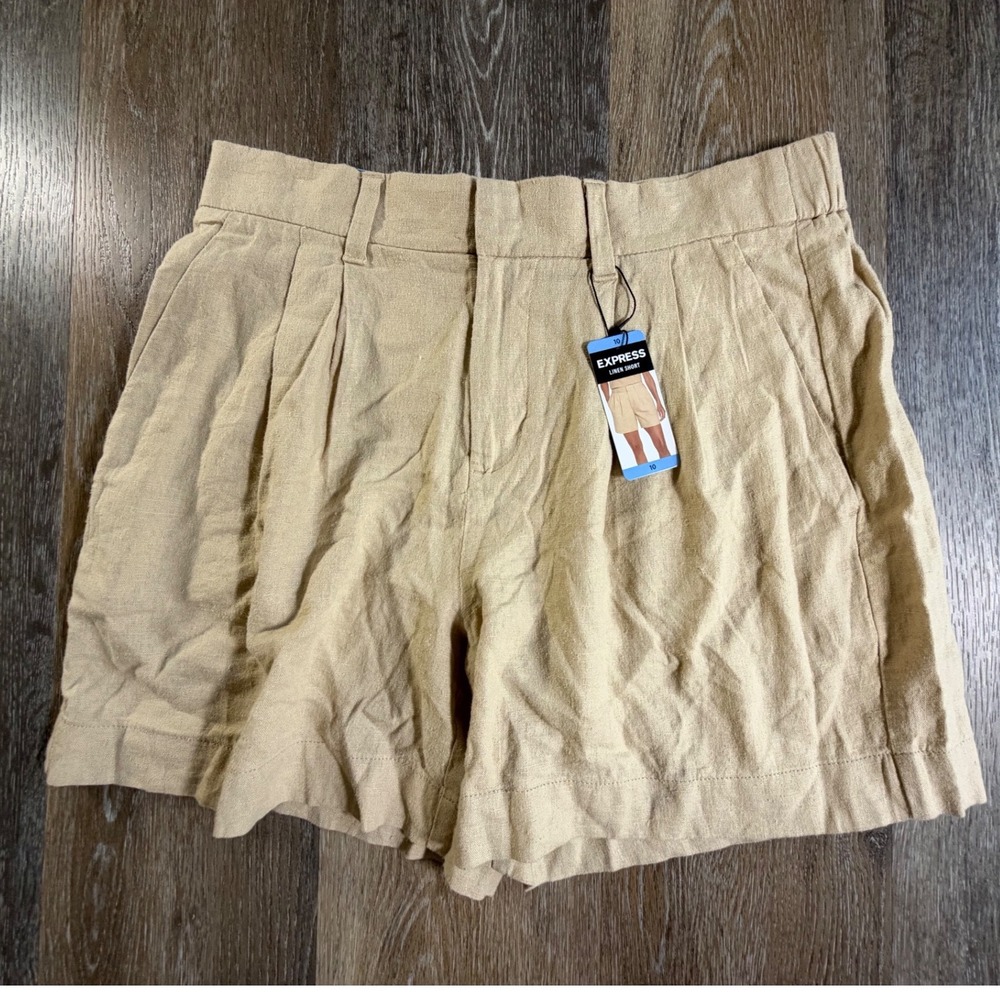 Express Linen Shorts Womens 10 Tan Pleated High Rise Elastic Waist 5530